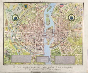Karte von Paris ca. 1540, bekannt als Plan de la Tapisserie, hergestellt als Wandteppich ca. 1571, 1818 (Farbstich)